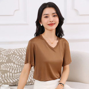 春夏新款三醋酸V字领短袖女式纯色薄款T恤舒适透气清凉感套头内搭