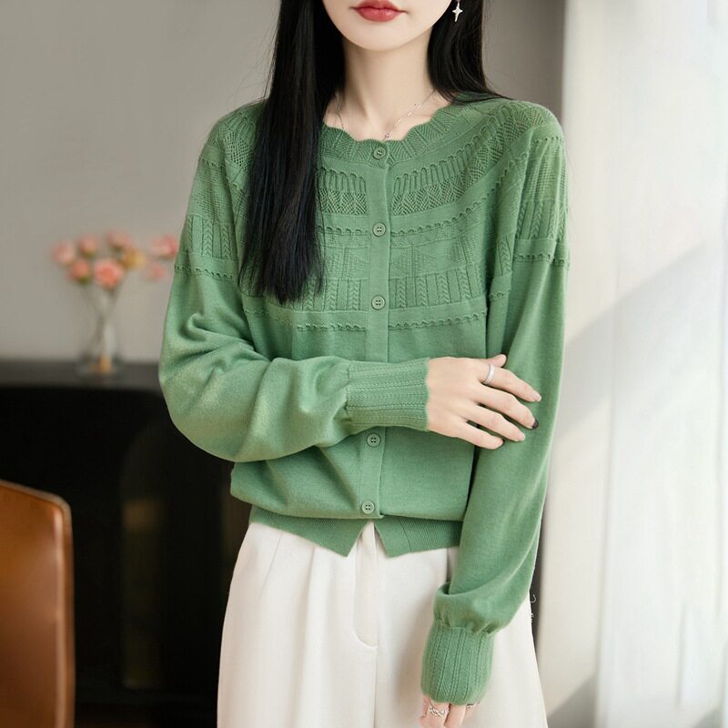 洋气花边圆领羊毛针织开衫女2026春秋新款提花宽松上衣针织外套女