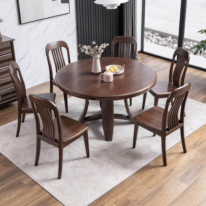 北欧餐桌水曲柳圆桌家用客厅新中式圆餐桌带转盘美式实木餐桌椅