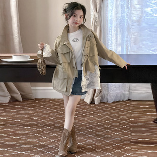 女童韩系外套春装2026新款儿童蕾丝拼接风衣女孩春秋装洋气上衣服