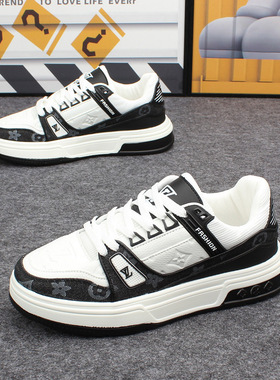 港风复古印花板鞋男低帮厚底轻便休闲阿甘潮鞋学生软底运动小白鞋