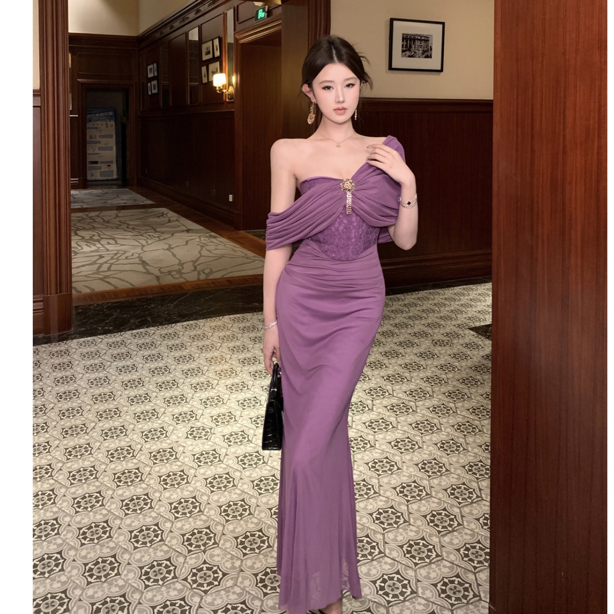 法式连衣裙清冷富家千金穿搭成人礼礼服裙包臀长裙一字肩生日裙子