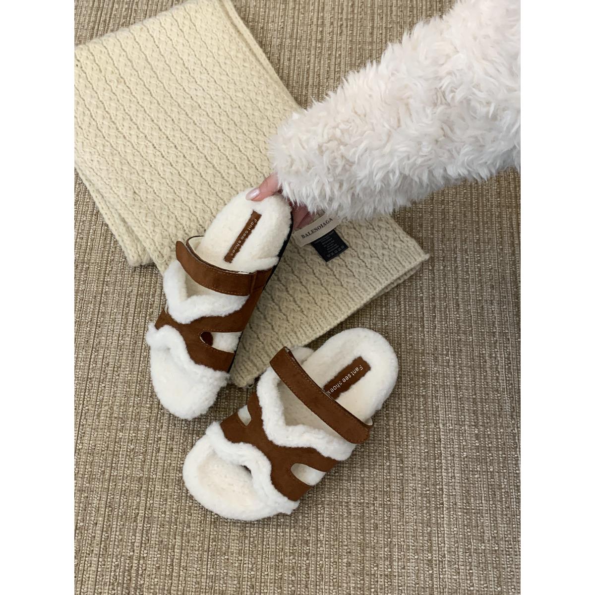 2025秋冬懒人H拖魔术贴二舅厚底毛毛拖鞋女外穿保暖毛拖女