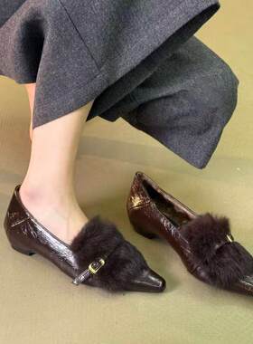 巨软~巨舒服~！内增高兔毛毛单鞋女冬外穿气质尖头保暖加绒豆豆鞋
