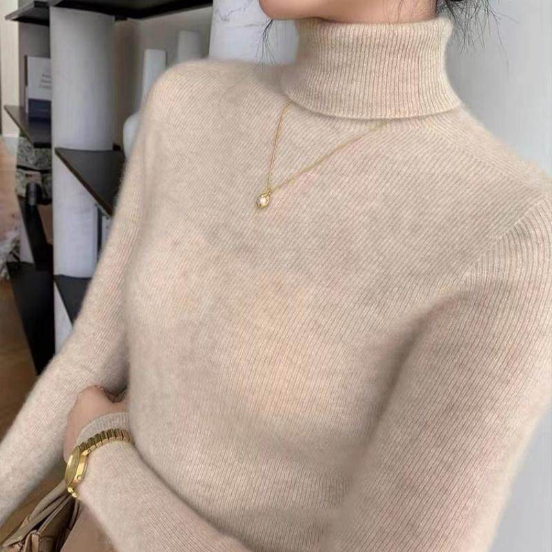 鄂尔多斯市产羊绒衫女100%山羊绒高领无缝一线成衣修身堆堆领毛衣