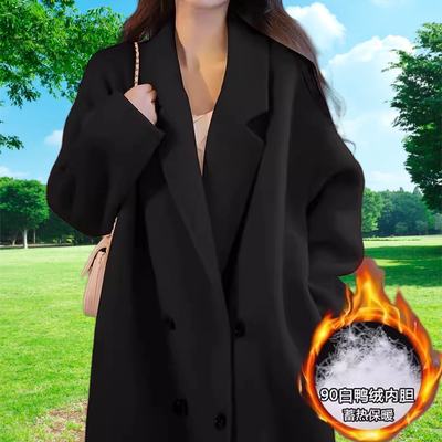 高级黑色双面羊毛呢大衣女中长款2025秋冬新品过膝羽绒内胆外套