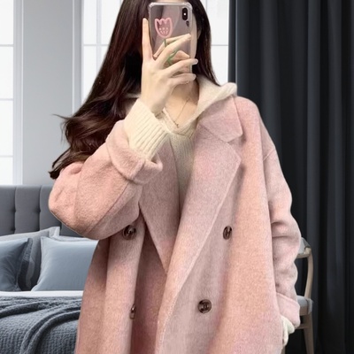 樱花粉双面羊绒大衣女小个子2025年秋冬新品中长款加厚毛呢外套