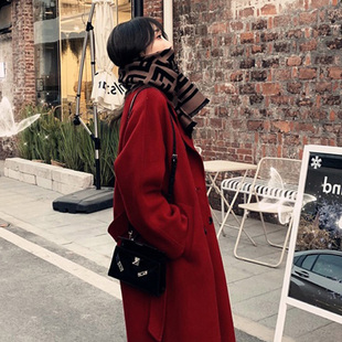 红色双面羊绒呢子大衣女2024年新款冬季高端宽松中长款毛呢外套女