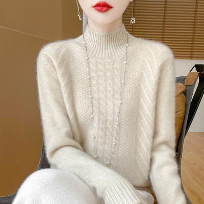 鄂尔多斯市产羊绒衫女100%山羊绒冬半高领宽松针织打底衫七针加厚