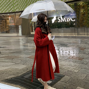 红色双面羊绒呢子大衣外套女冬季2024新年结婚气质中长款毛呢外套