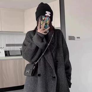 高级感黑灰色双面羊绒大衣女2024秋冬新品中长款小个子羊毛呢外套