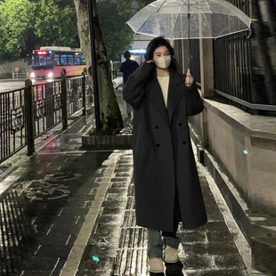 黑色双面呢羊绒羊毛大衣女秋冬高级感2024新款宽松小个子毛呢外套