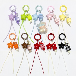 2个新款手工编绳钥匙扣亚克力星星格子手机链配件盲盒萌粒挂饰DIY