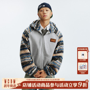 秋 拉链帽衫 MEDM 插肩费尔岛羊羔毛拼接休闲连帽卫衣复古情侣开衫