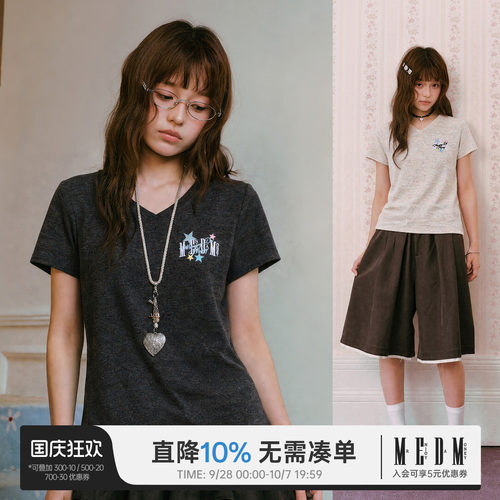 MEDM V领旋涡星星贴皮刺绣休闲短袖复古少女风显瘦短款高腰上衣夏