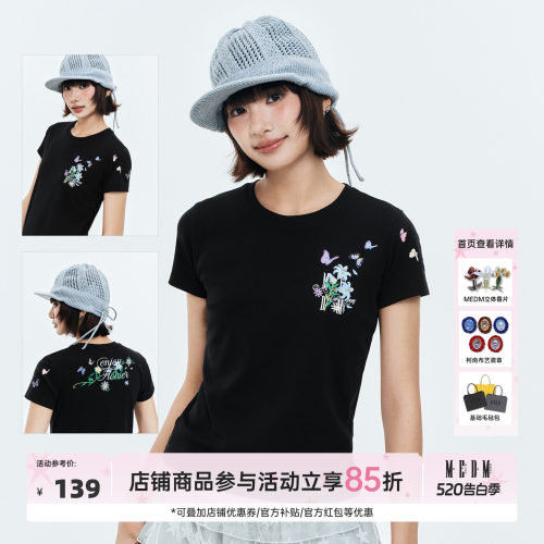 MEDM 蝴蝶缠绕木兰花刺绣logo休闲T恤潮流百搭修身显瘦圆领短袖女