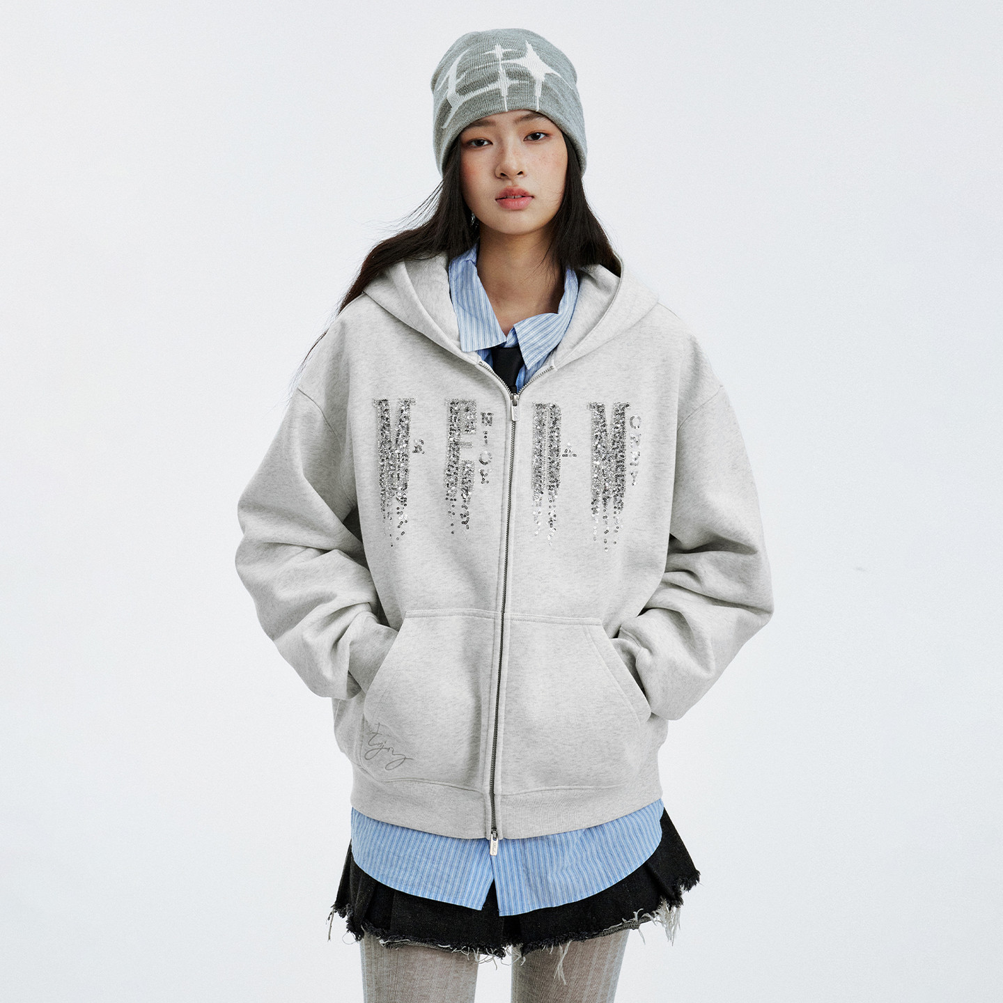 MEDM 基础logo珠片连帽休闲拉链连帽卫衣潮流加绒帽衫情侣外套秋