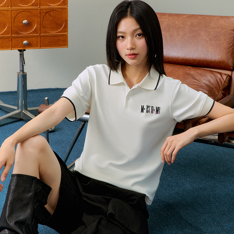 MEDM25SS字母刺绣polo衫男夏季翻领上衣潮牌简约宽松五分袖t恤女