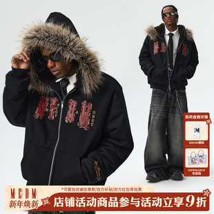 MEDM 休闲男女保暖毛领棉衣秋冬 马毛贴布座山雕连帽卫衣棉服美式