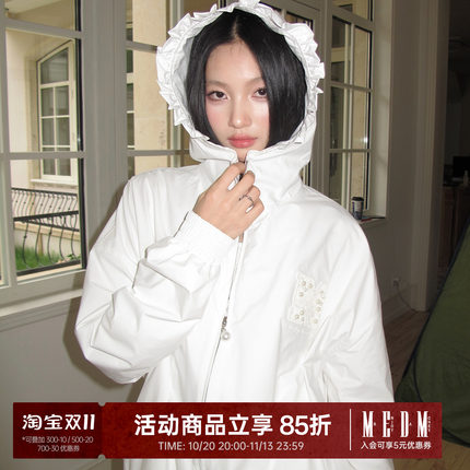 MEDM纯色花边帽小香珍珠标休闲拉链夹克潮流时尚百搭长袖连帽外套
