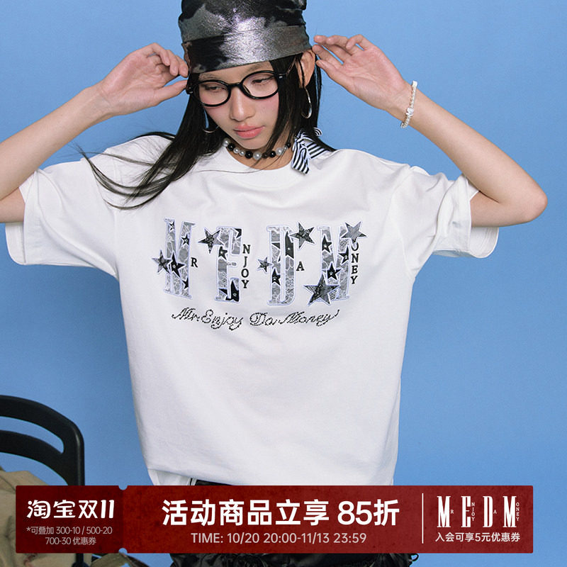 MEDM26SS星星迸发蕾丝贴布短袖男士美式嘻哈夏季T恤女休闲情侣tee