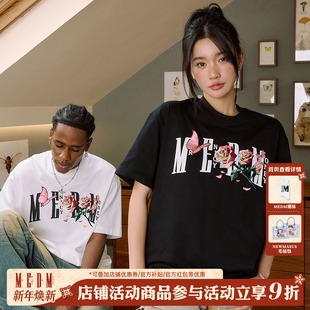 折纸切片玫瑰蝴蝶刺绣短袖 复古宽松半袖 T恤男女同款 美式 夏季 MEDM