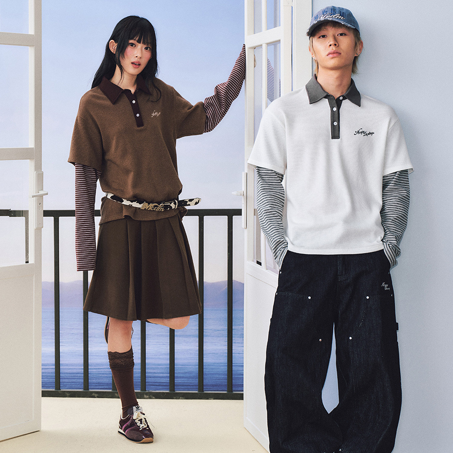 MEDM 条纹拼接假两件polo衫男2026秋季新款撞色潮牌休闲长袖T恤女