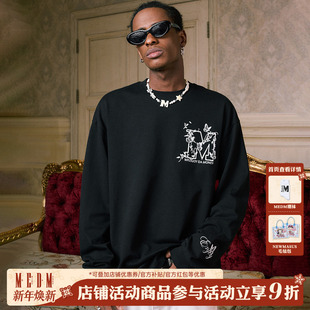复古圆领宽松休闲体恤潮 美式 MEDM大M蝴蝶藤蔓刺绣长袖 T恤男春秋季
