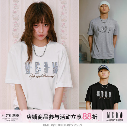 MEDM 复古牛仔贴布绣烫异形钻休闲圆领T恤潮流百搭宽松情侣短袖夏