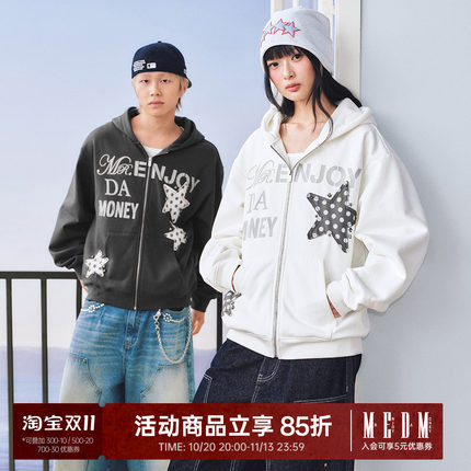 MEDM 星星贴布拉链帽衫男字母胶印穿搭开衫连帽卫衣女秋季外套潮