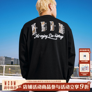 MEDM黑白纯色火烧蕾丝圆领宽松长袖 潮牌百搭情侣休闲上衣 T恤新品