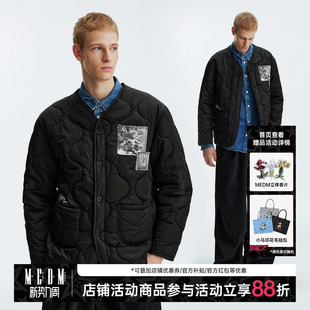 MEDM 潮流无领棉衣情侣外套 做旧天使绗棉贴布保暖休闲薄棉服美式