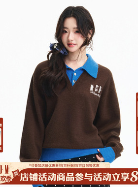 MEDM 撞色POLO领假两件叠穿薄款毛衣潮流男女老钱风休闲针织衫冬