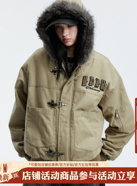 MEDM 帆布毛帽飞机扣棉保暖宽松连帽夹克潮流男女百搭休闲外套冬