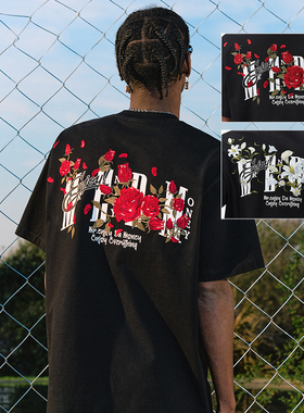 MEDM25SS玫瑰刺绣T恤女夏季美式设计感休闲短袖男潮牌情侣款上衣