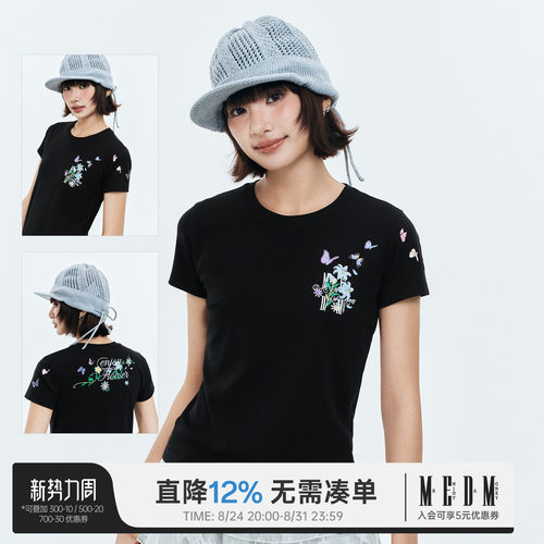 MEDM蝴蝶刺绣logo修身显瘦T恤女