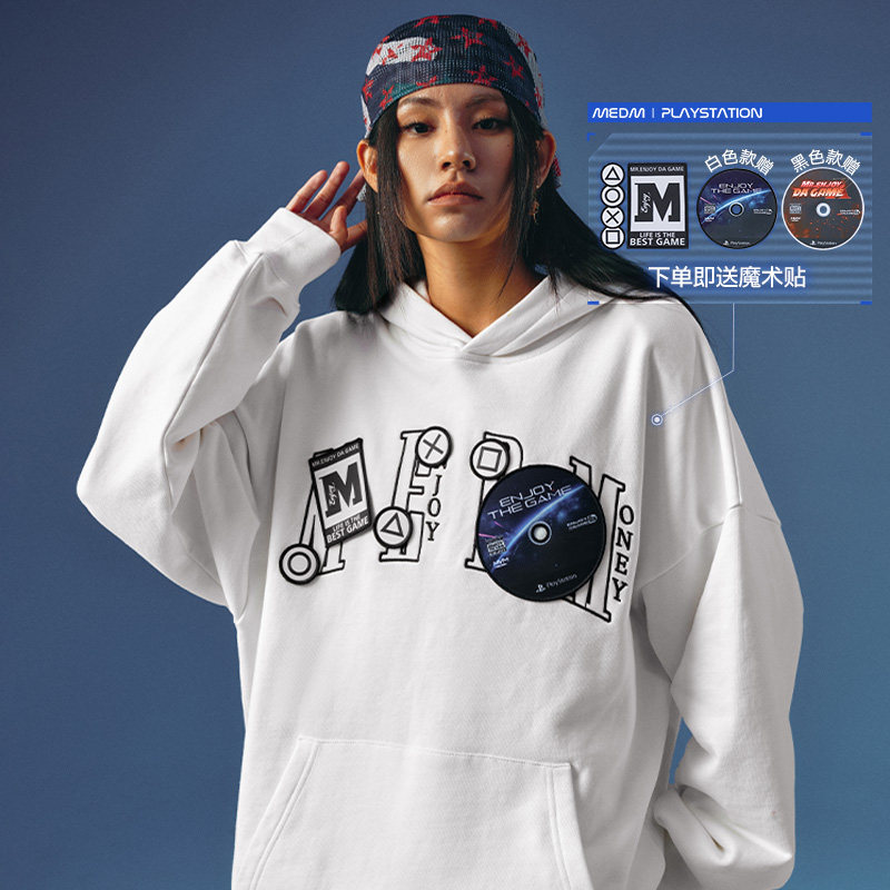 MEDMxPlayStation联名游戏魔术贴光盘帽衫男女情侣款美式连帽卫衣