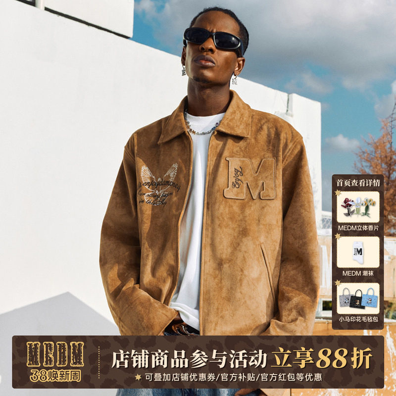 MEDM 贴皮绣鸽子麂皮绒宽松夹克男春秋美式做旧复古休闲翻领外套