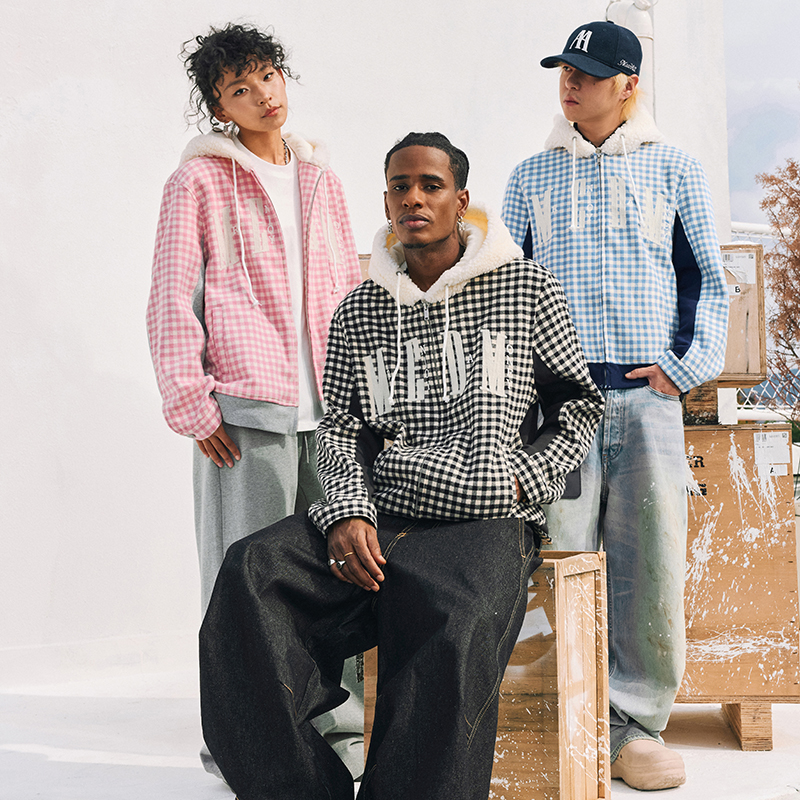 MEDM24FW格纹拼接羊羔毛连帽外套