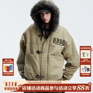 MEDM 帆布毛帽飞机扣棉保暖宽松连帽夹克潮流男女百搭休闲外套冬