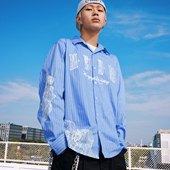 春秋宽松开衫 新品 衬衣情侣外套 翻领衬衫 MEDM潮牌条纹蕾丝休闲长袖