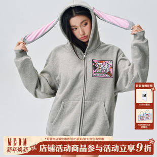 MEDM兔耳甜酷魔术贴加绒拉链连帽卫衣男美式 休闲外套春秋情侣上衣