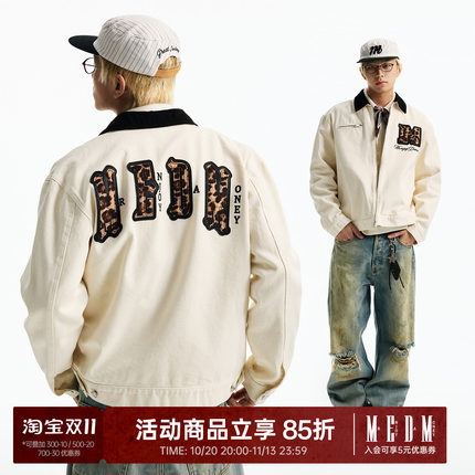 MEDM 双层皮马毛豹纹字母底特律翻领夹克美式复古休闲工装外套春