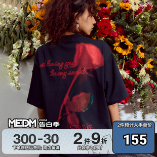新款 MEDM潮牌美式 T恤男夏季 五分袖 嘻哈玫瑰短袖 体恤复古休闲上衣