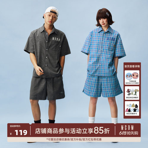 MEDM格纹阔腿沙滩短裤夏季宽松