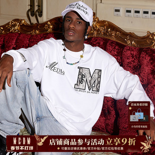 MEDM 潮牌蛇纹拼皮字母上衣国潮圆领长袖T恤男秋季美式嘻哈情侣装