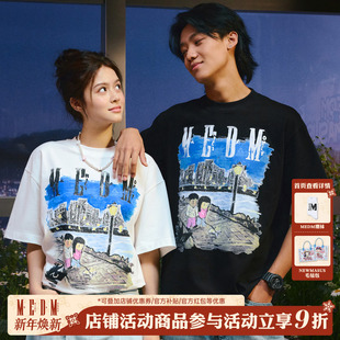 MEDMxNewmasus联名夜晚漫步短袖 高街圆领宽松情侣体恤 T恤男女美式
