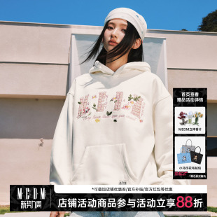 MEDM 秋 花朵刺绣小香贴布宽松连帽卫衣潮牌加绒套头休闲情侣帽衫