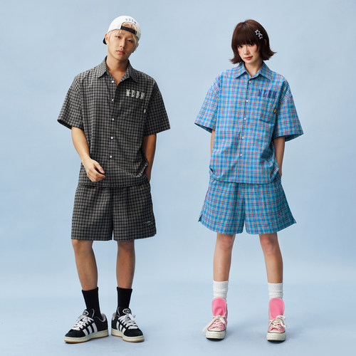MEDM格纹阔腿沙滩短裤夏季宽松
