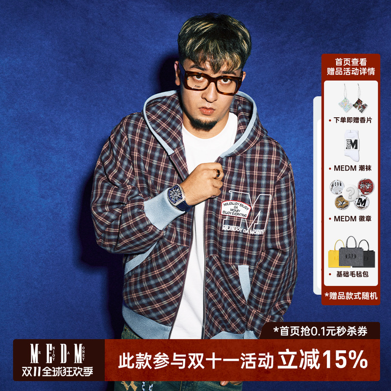MEDM春季格纹拉链帽衫